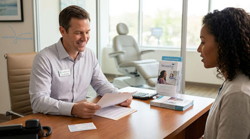 A picture of therapist with and his patient having consultation in an all white clinic.