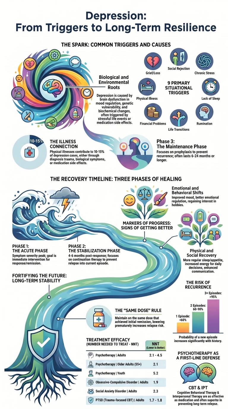 Depression recovery infographic showing triggers and healing phases, how long is TMS therapy effective? for long-term resilience. 