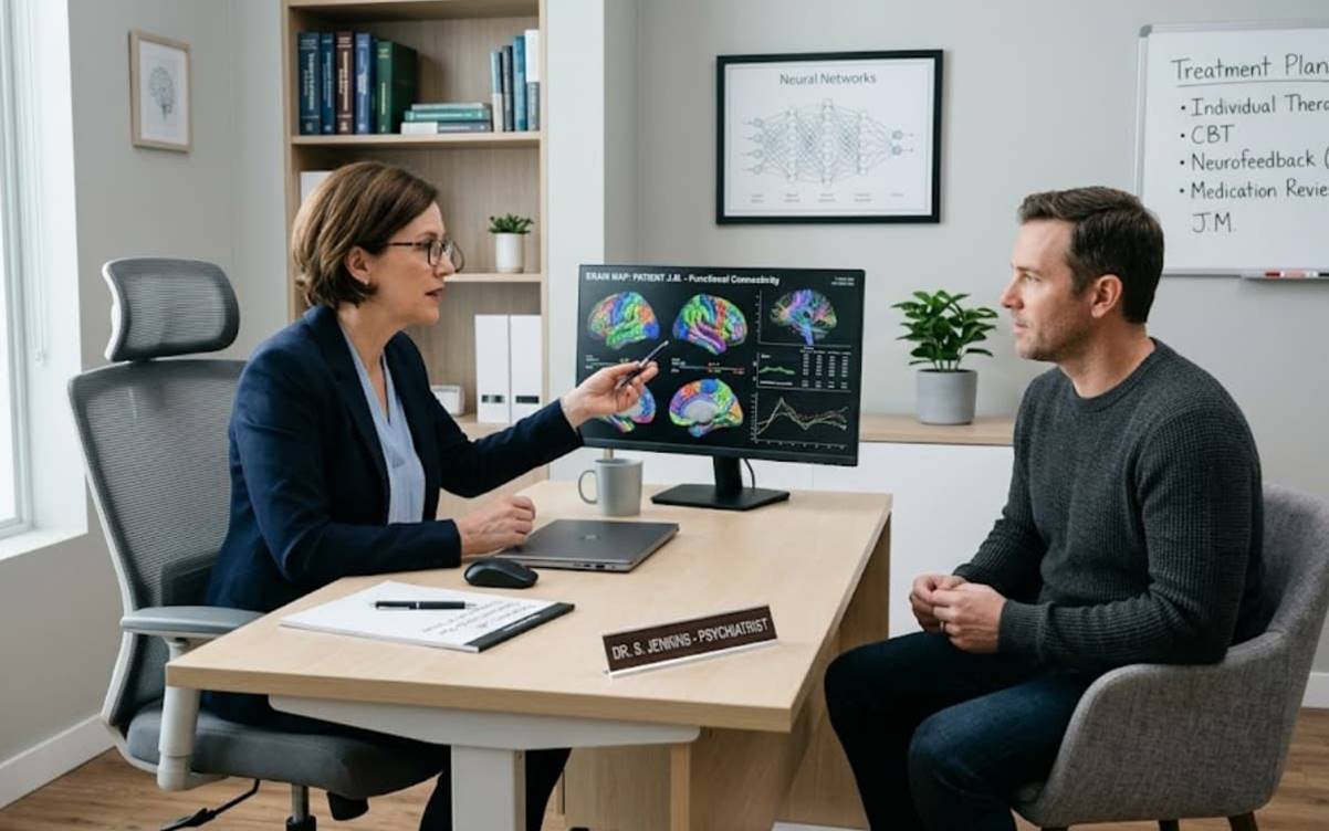 A psychiatrist explaining brain scans, how long is TMS therapy effective? starts with proper diagnosis and planning. 