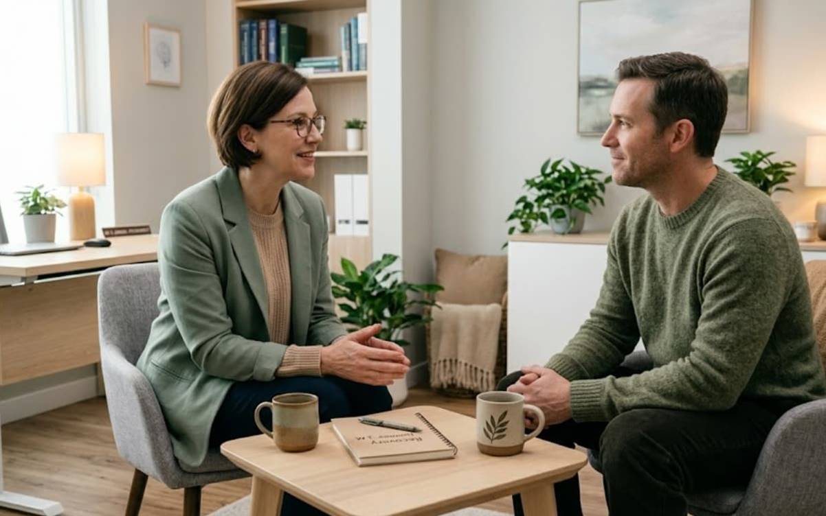 Therapist and patient in a calm session discussing how long is TMS therapy effective? for lasting mental health recovery. 