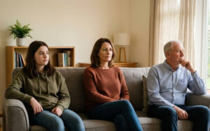 A family sits together considering what is the age limit for TMS as a treatment option for their loved one.