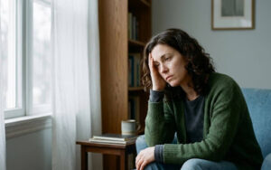 A woman sitting alone looking distressed, representing what conditions can TMS treat, such as major depressive disorder.