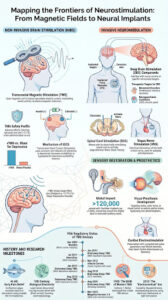 Infographic mapping neurostimulation frontiers, including what conditions can TMS treat across psychiatric and neurological disorders.
