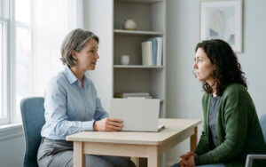 A doctor consulting a patient in green, discussing what conditions can TMS treat and exploring personalized treatment options.
