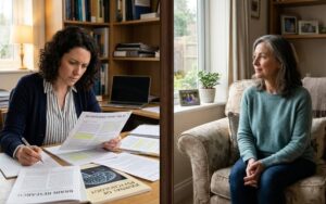A researcher reviewing neuroscience journals alongside a calm patient at home. 
