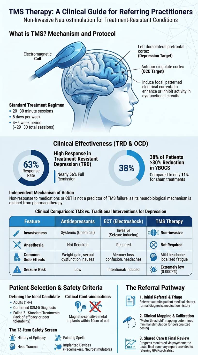 A clinical guide showing TMS mechanisms, effectiveness rates, and referral pathways. 