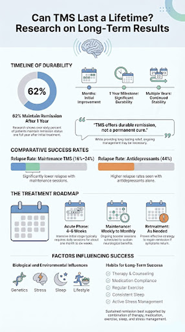 Infographic exploring Can TMS last a lifetime? showing 62% remission rates and long-term treatment durability data.