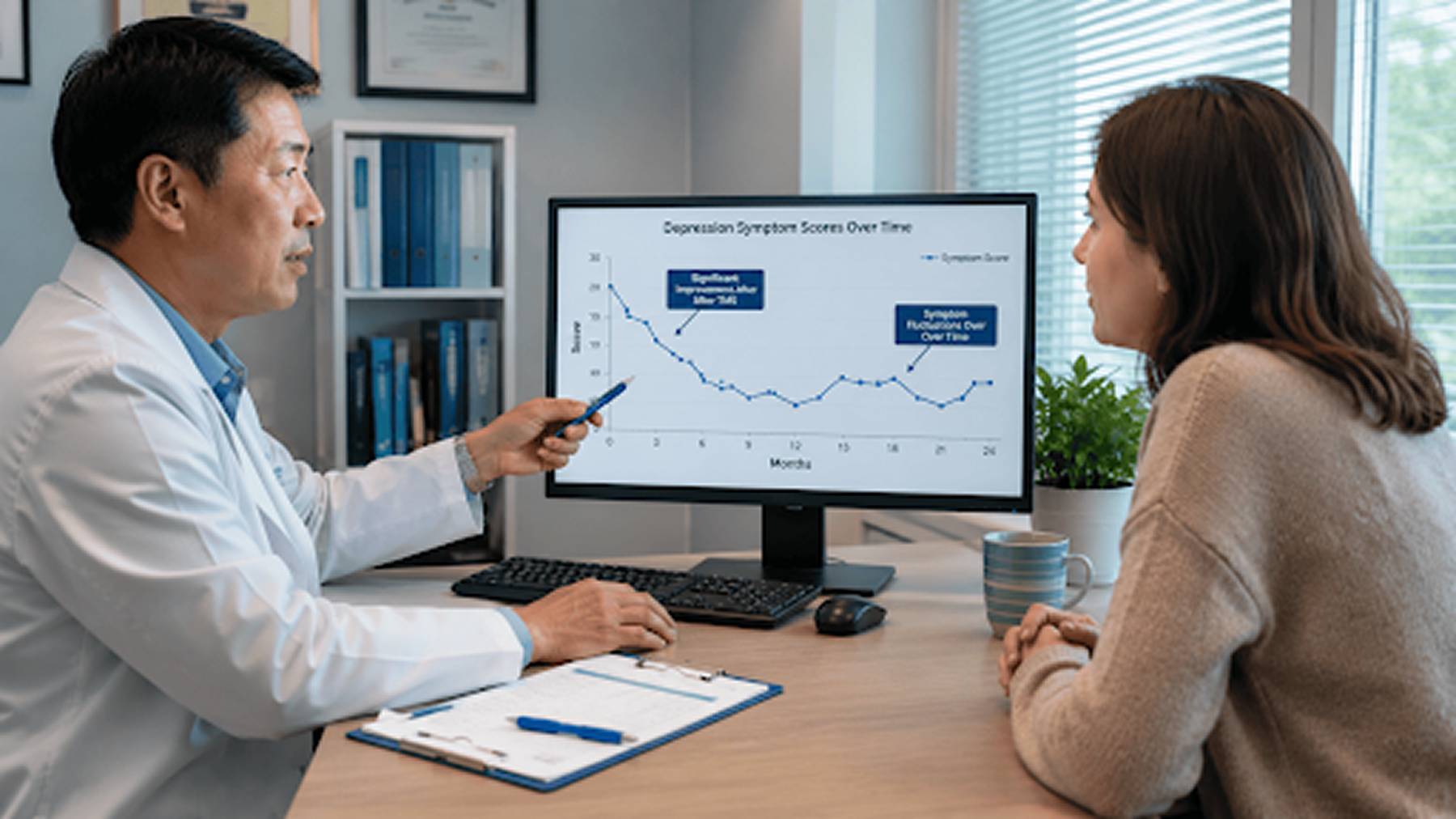 Doctor reviewing depression symptom scores with patient, discussing does TMS last a lifetime? over a 24-month chart.