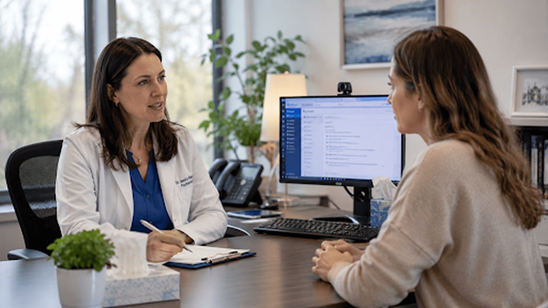 Psychiatrist consulting with patient on whether Can TMS last a lifetime? during an in-office mental health appointment.