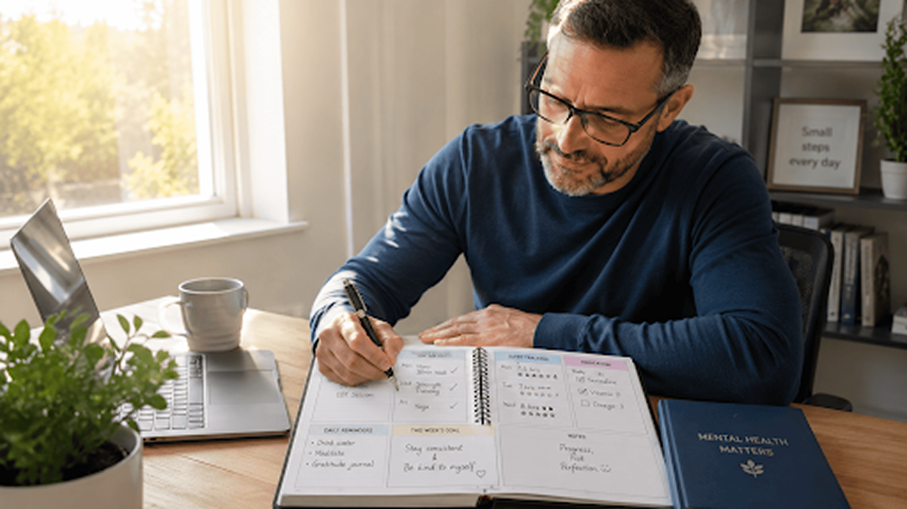 Man journaling mental health goals and medication tracking, reflecting on TMS Therapy result for lasting recovery.