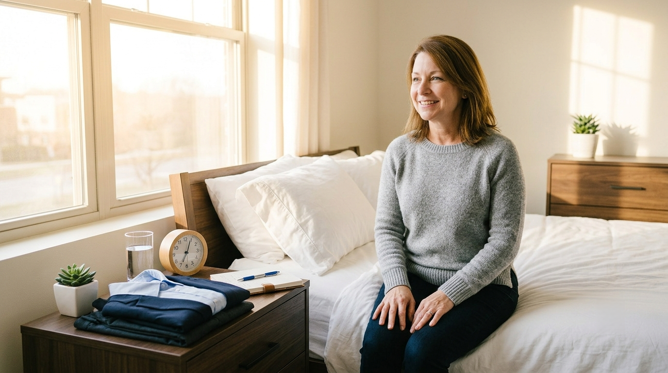 Woman sits smiling on bed by sunlit window, with folded clothes and a packed bag nearby.