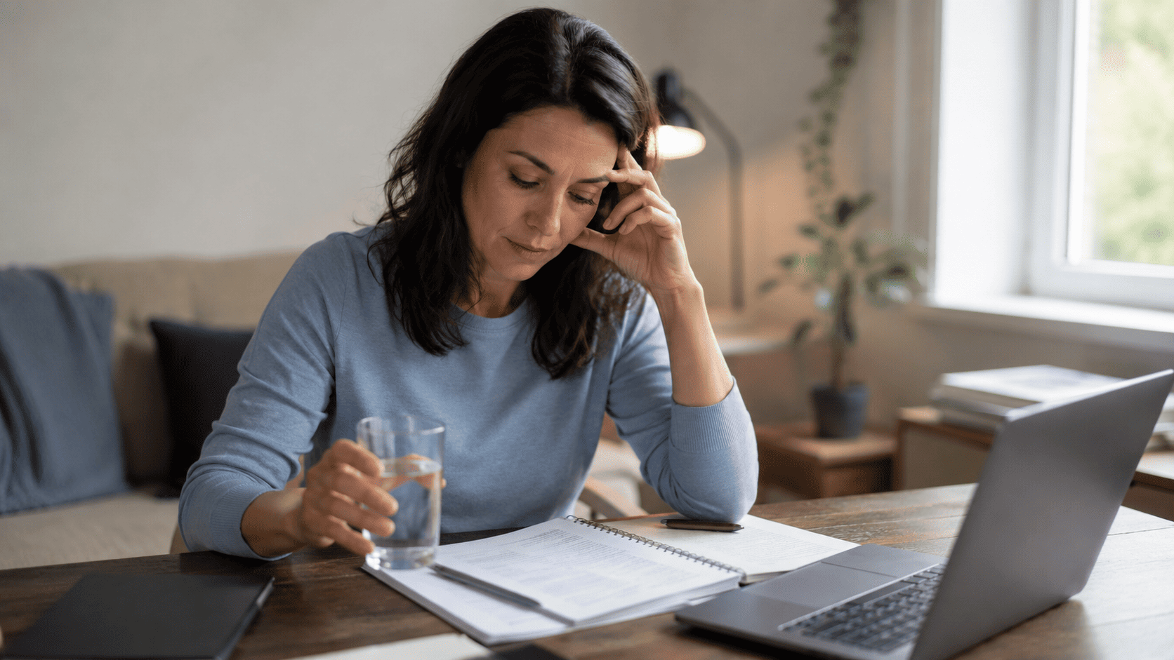 Woman experiencing headache at home, a common mild side effect of TMS therapy during treatment weeks