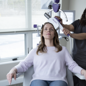 A patient receiving NeuroStar TMS therapy session lean back in the chair for the procedure.