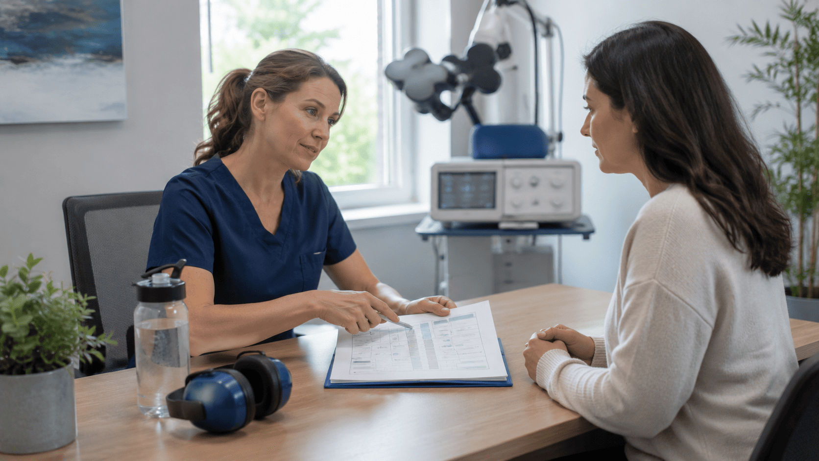 Healthcare provider explaining side effects of TMS to a patient during a pre-treatment consultation