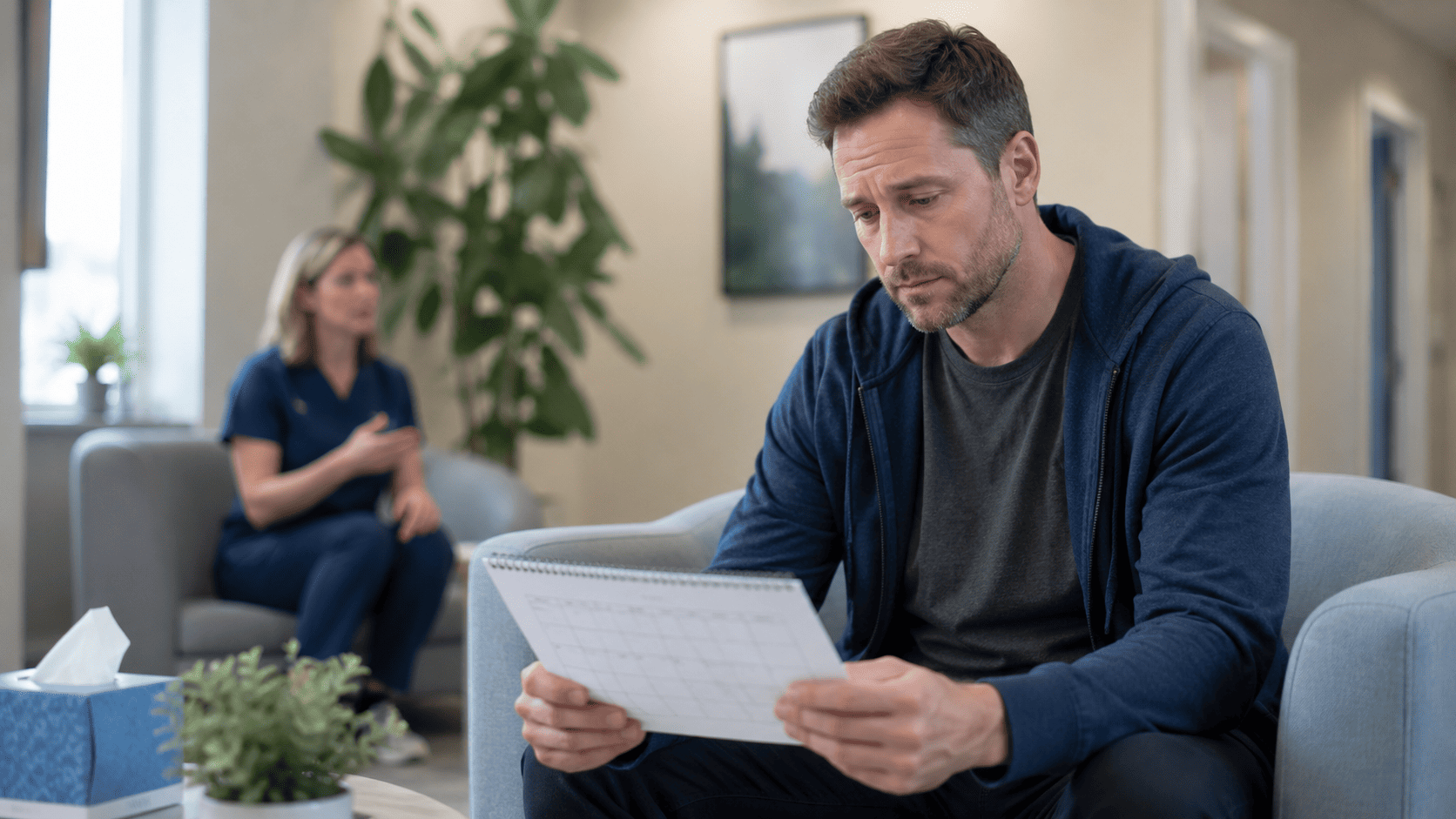 Man reviewing medical documents in clinic, researching side effects of TMS before starting treatment.