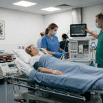 Medical team monitoring sedated patient during electrical stimulation therapy procedur