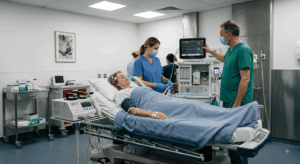 Medical team monitoring sedated patient during electrical stimulation therapy procedur