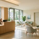 Bright, modern psychiatric clinic lobby with a wooden reception desk and comfortable waiting area.