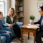 Child and parent meet with a pediatric therapist in an office with children's books nearby.